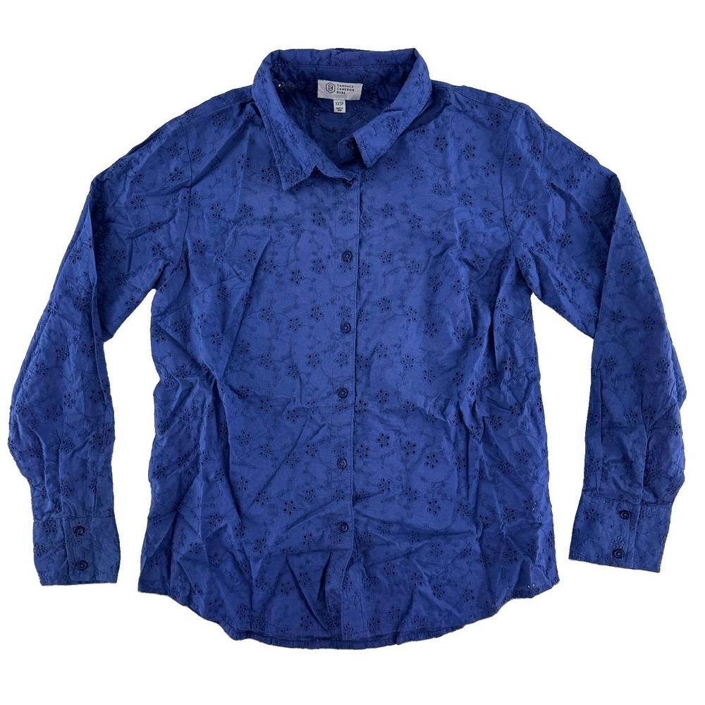 Candace Cameron Bure Button Front Eyelet Shirt Size XXSP Velvet Blue